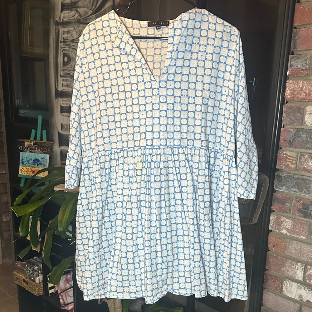 Beulah Blue and Cream Checkered Floral Top